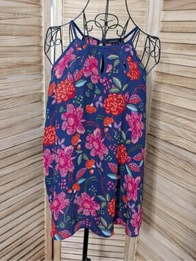 PAPERMOON WALITA Navy Blue + Pink Wild Floral Sleeveless Blouse W/Cutouts Medium
